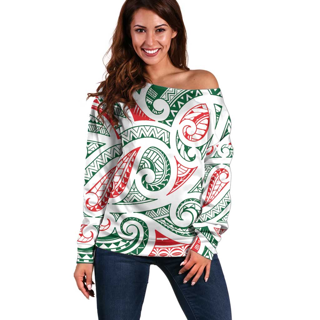 New Zealand Kowhaiwhai Christmas Off Shoulder Sweater Traditional Maori Koru Pattern LT9 Women White - Polynesian Pride