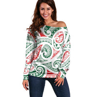 New Zealand Kowhaiwhai Christmas Off Shoulder Sweater Traditional Maori Koru Pattern LT9 Women White - Polynesian Pride