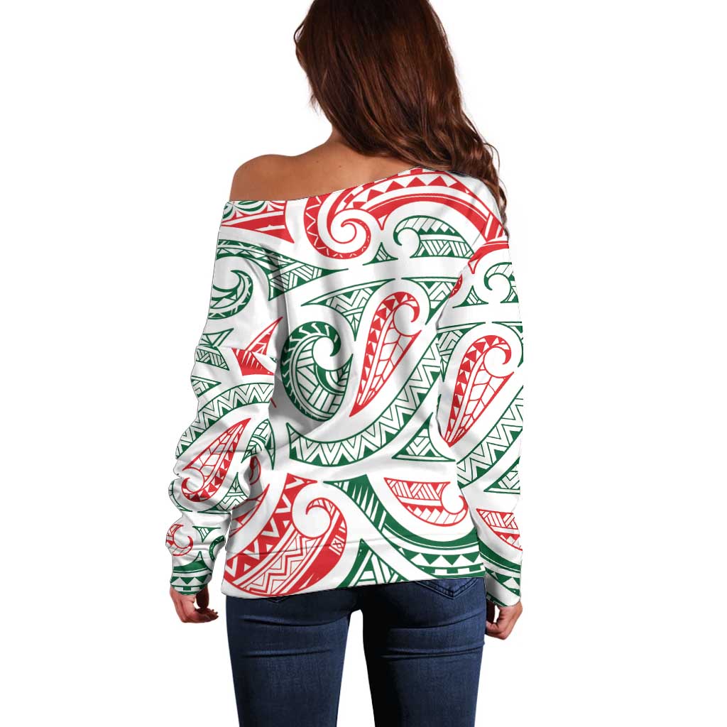 New Zealand Kowhaiwhai Christmas Off Shoulder Sweater Traditional Maori Koru Pattern LT9 - Polynesian Pride