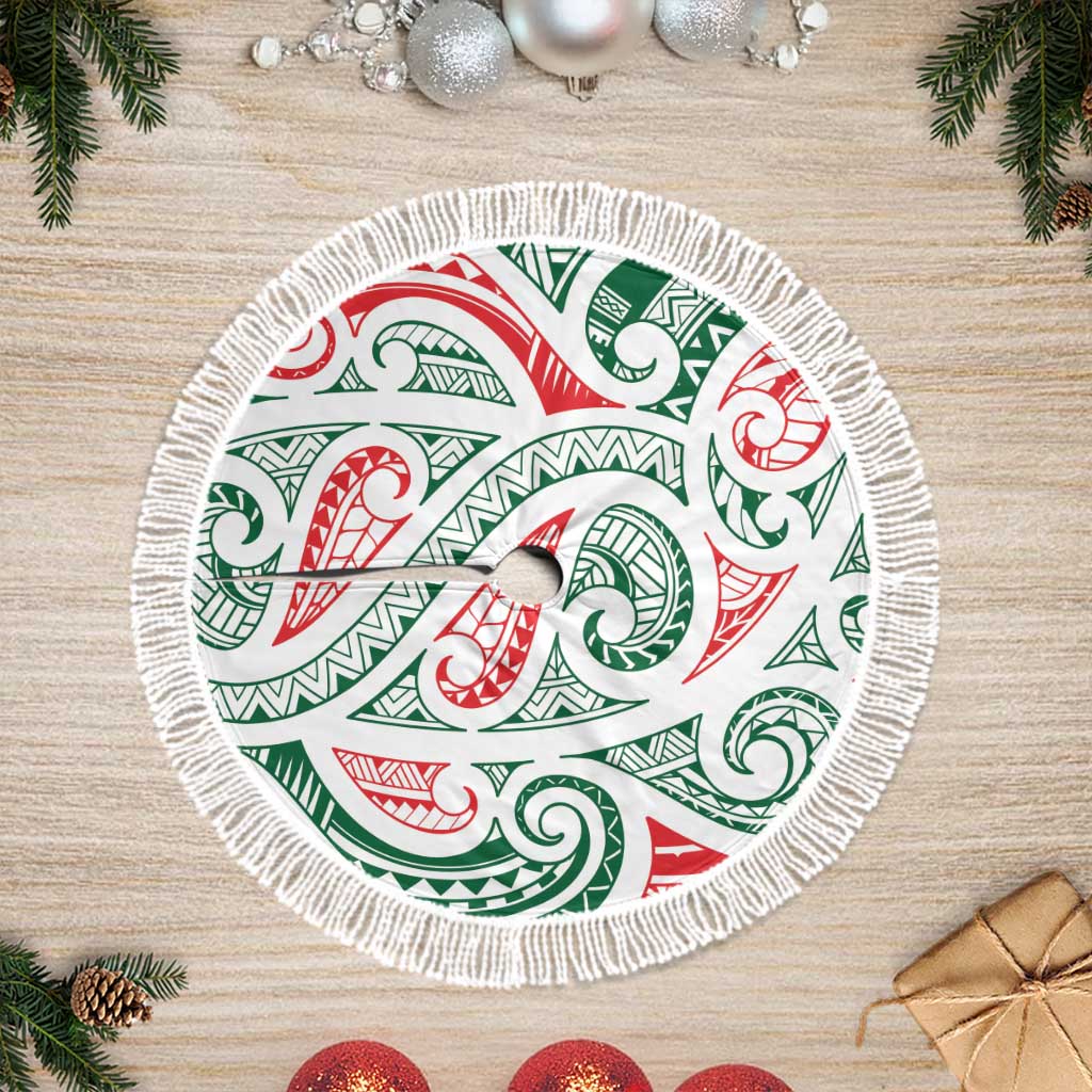 New Zealand Kowhaiwhai Christmas Tree Skirt Traditional Maori Koru Pattern LT9 Fringed White - Polynesian Pride