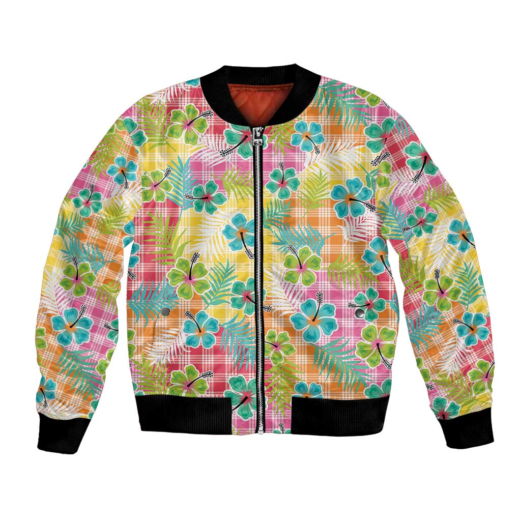 Hawaiian Palaka Bomber Jacket Hibiscus Palm Leaf Pattern LT9 Unisex Yellow - Polynesian Pride