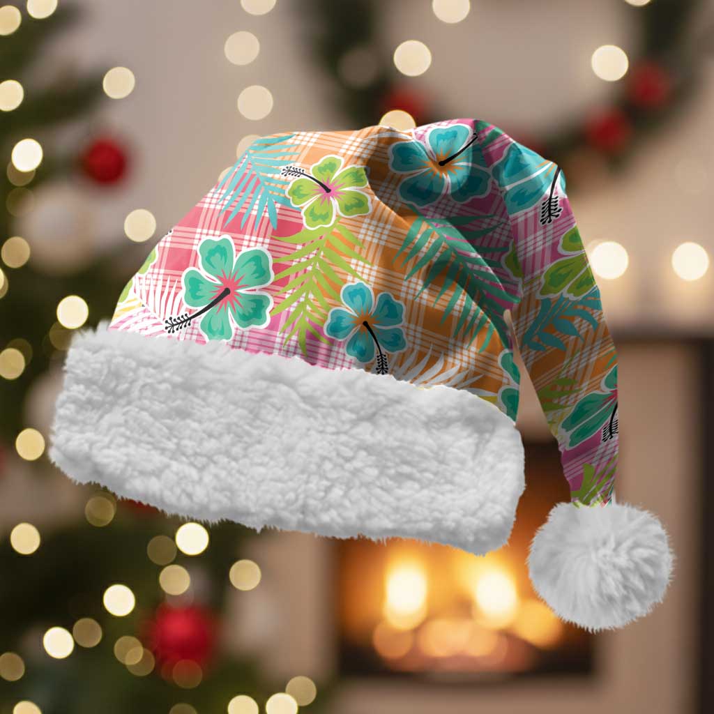 Hawaiian Palaka Christmas Santa Hat Hibiscus Palm Leaf Pattern LT9 With Fur Yellow - Polynesian Pride