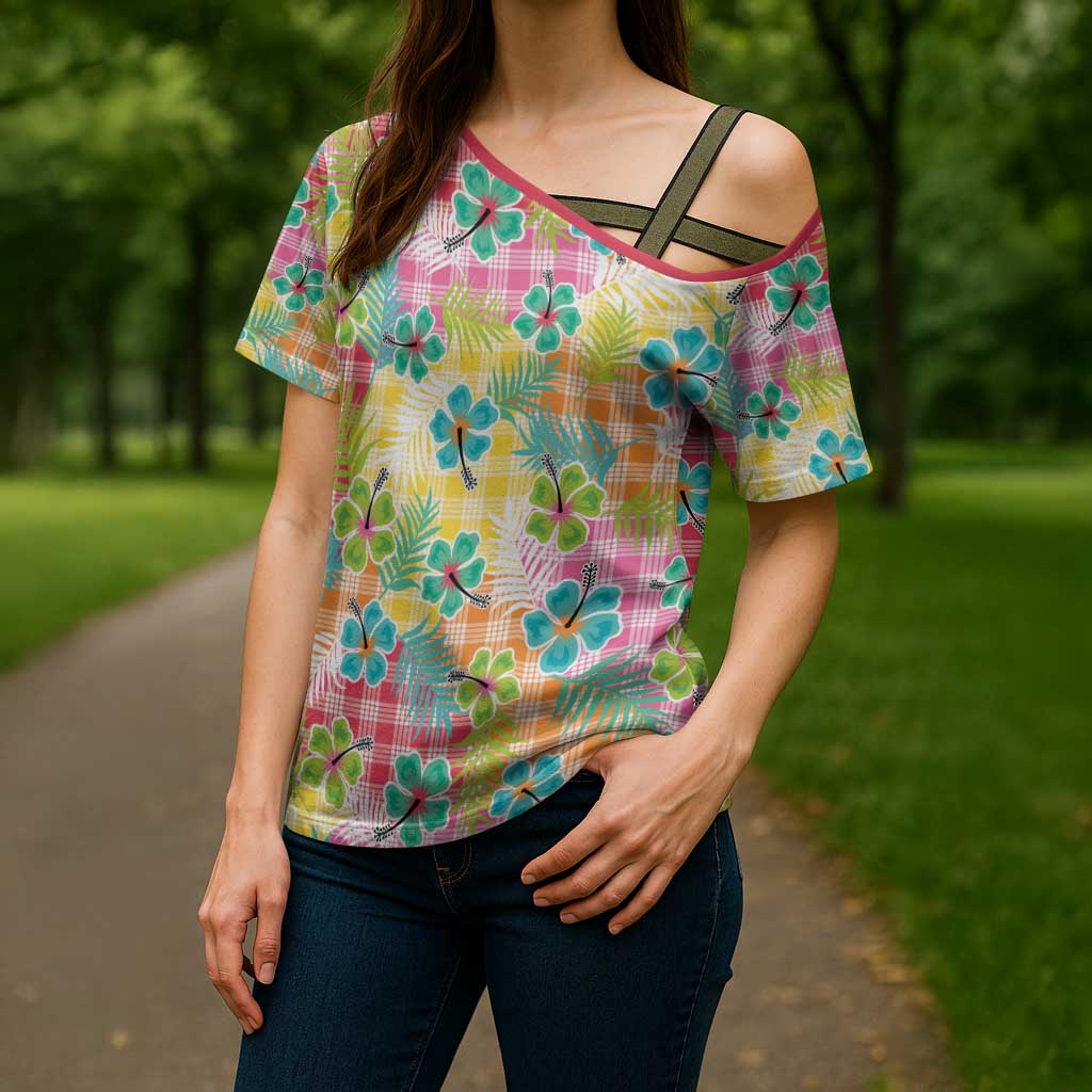 Hawaiian Palaka Cross Shoulder Shirt Hibiscus Palm Leaf Pattern LT9 - Polynesian Pride