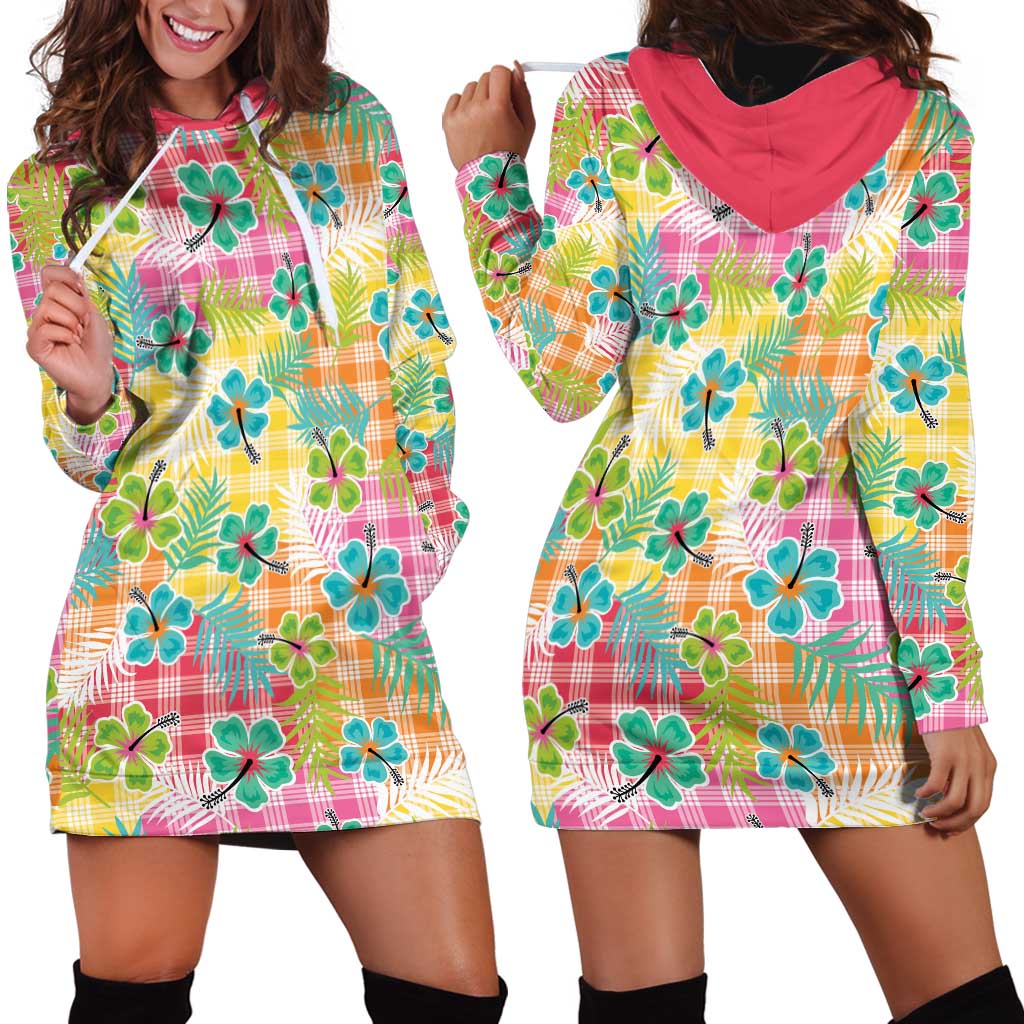Hawaiian Palaka Hoodie Dress Hibiscus Palm Leaf Pattern LT9 - Polynesian Pride