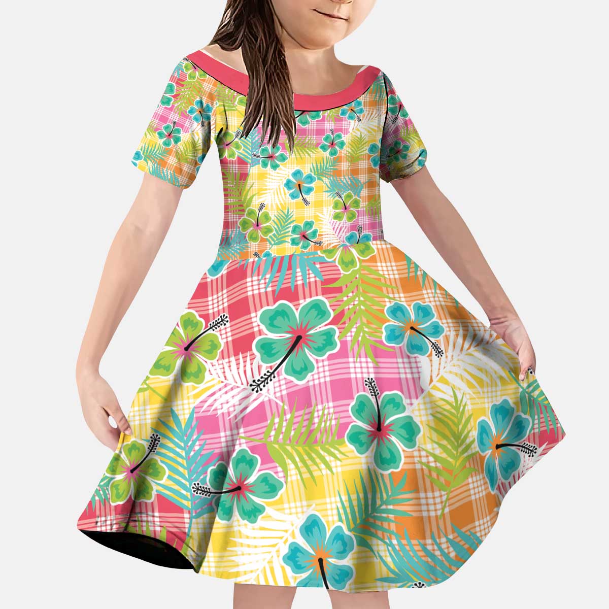 Hawaiian Palaka Kid Short Sleeve Dress Hibiscus Palm Leaf Pattern LT9 KID Yellow - Polynesian Pride