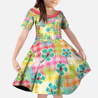 Hawaiian Palaka Kid Short Sleeve Dress Hibiscus Palm Leaf Pattern LT9 KID Yellow - Polynesian Pride
