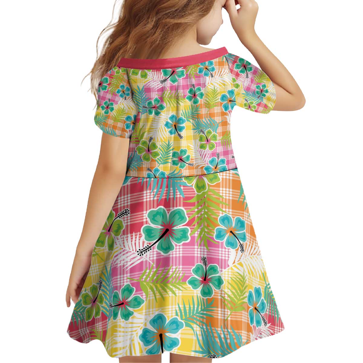 Hawaiian Palaka Kid Short Sleeve Dress Hibiscus Palm Leaf Pattern LT9 - Polynesian Pride