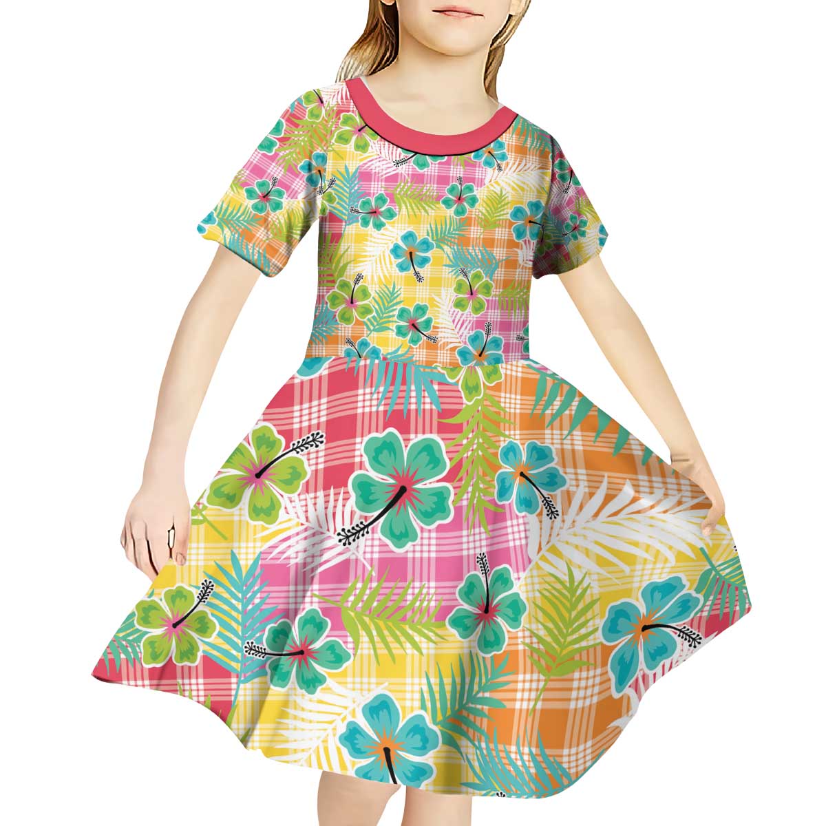 Hawaiian Palaka Kid Short Sleeve Dress Hibiscus Palm Leaf Pattern LT9 - Polynesian Pride