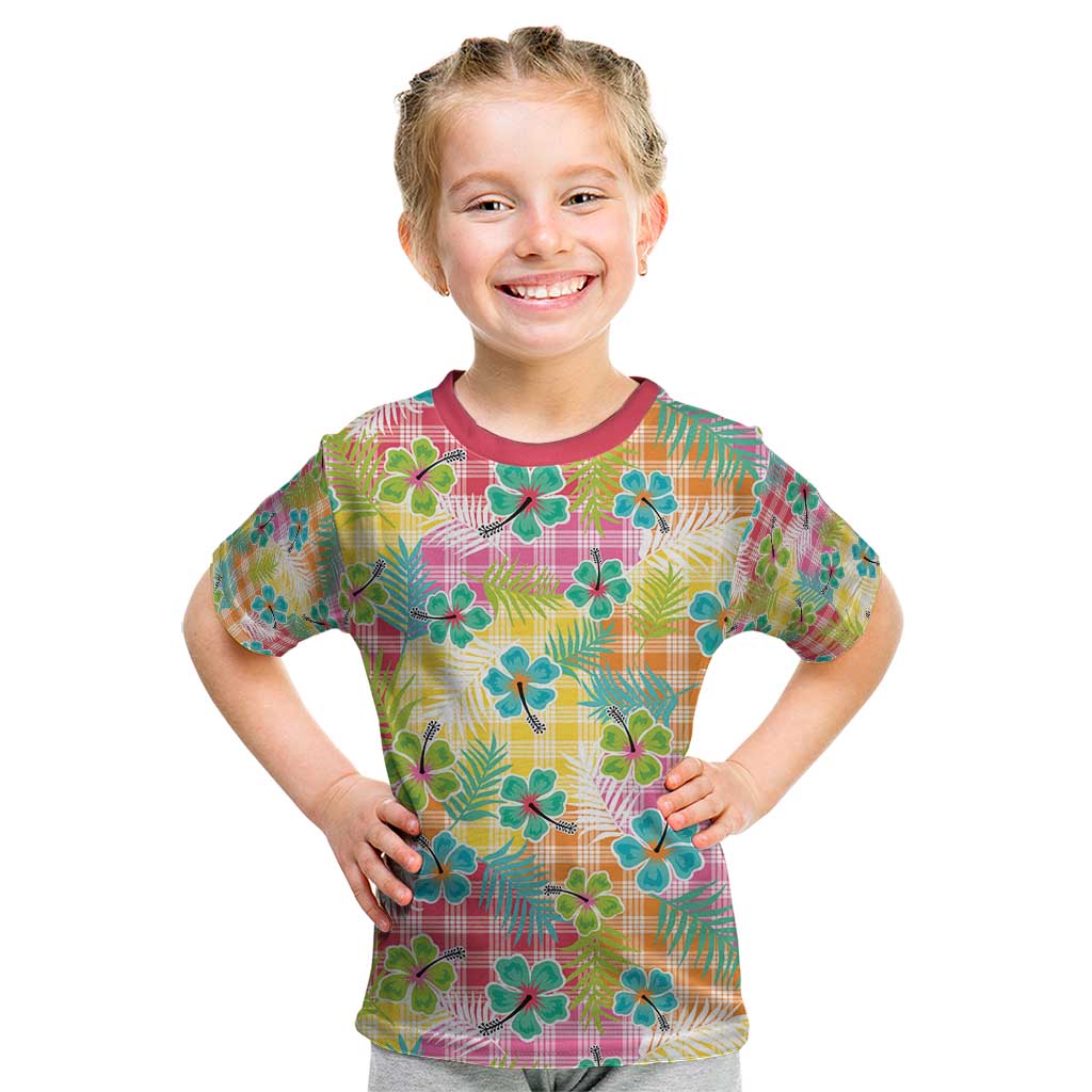 Hawaiian Palaka Kid T Shirt Hibiscus Palm Leaf Pattern LT9 Yellow - Polynesian Pride