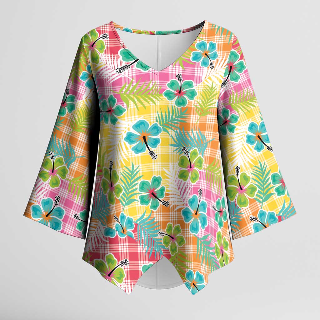 Hawaiian Palaka Kimono Sleeve Blouse Hibiscus Palm Leaf Pattern LT9 Female Yellow - Polynesian Pride