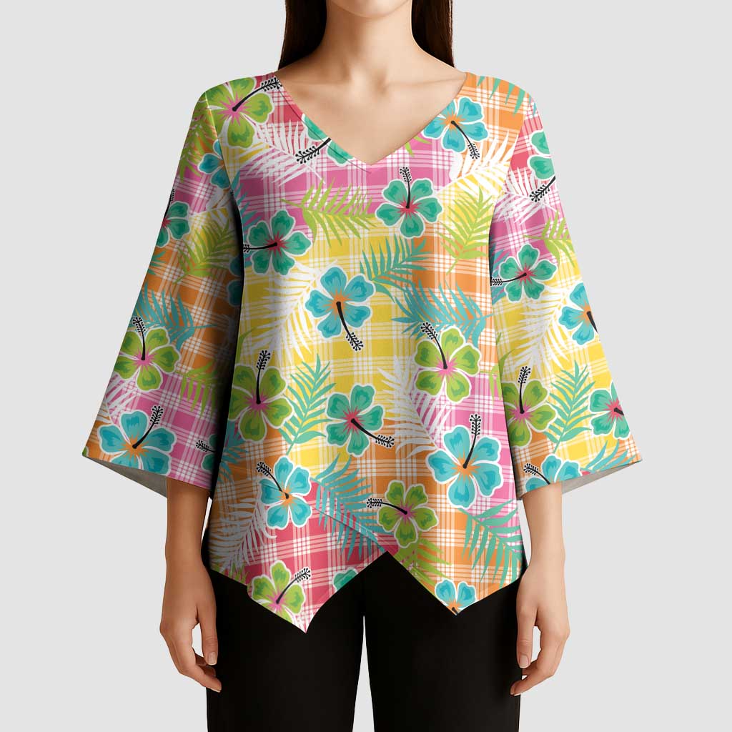 Hawaiian Palaka Kimono Sleeve Blouse Hibiscus Palm Leaf Pattern LT9 - Polynesian Pride