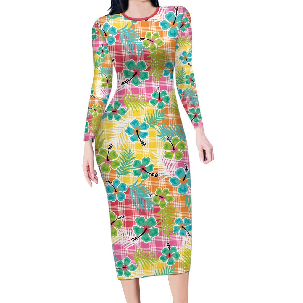 Hawaiian Palaka Long Sleeve Bodycon Dress Hibiscus Palm Leaf Pattern LT9 Long Dress Yellow - Polynesian Pride