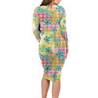 Hawaiian Palaka Long Sleeve Bodycon Dress Hibiscus Palm Leaf Pattern LT9 - Polynesian Pride