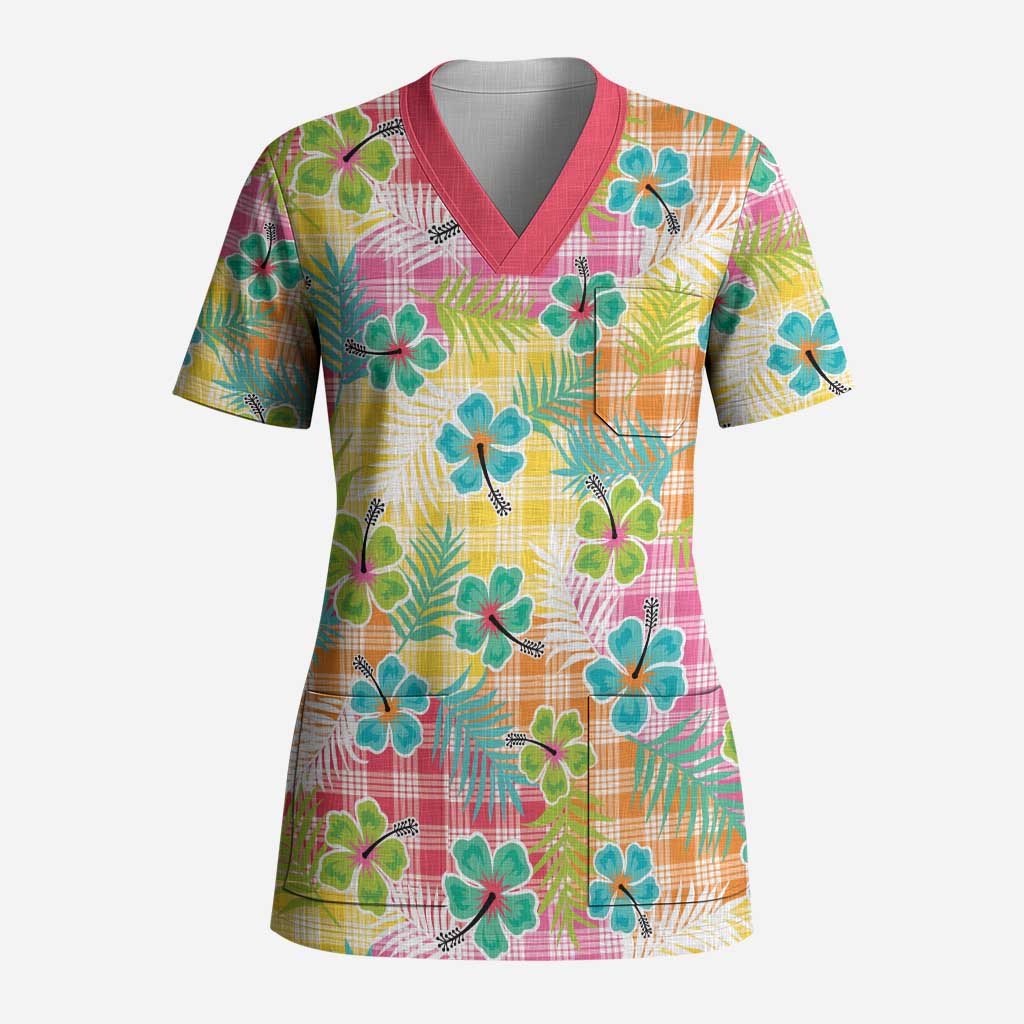 Hawaiian Palaka Scrub Top Hibiscus Palm Leaf Pattern LT9 Adult Yellow - Polynesian Pride