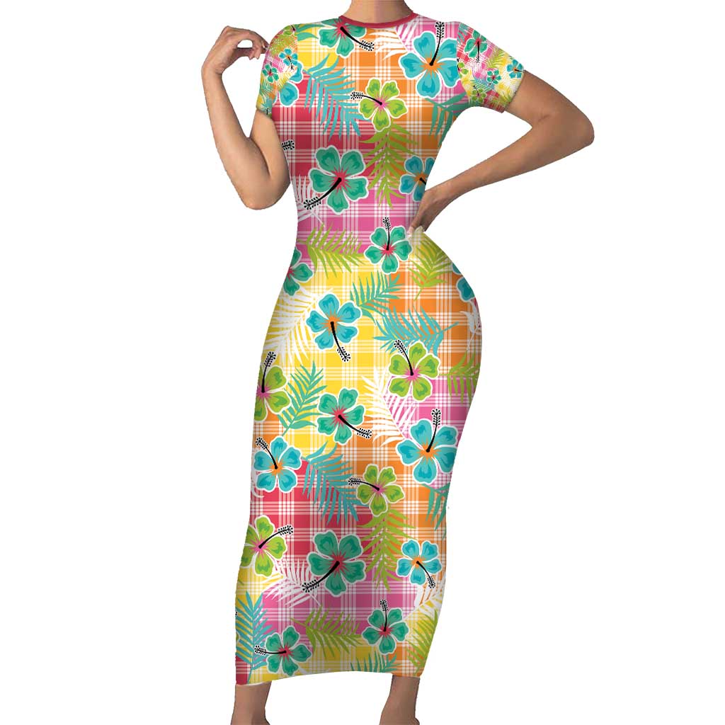 Hawaiian Palaka Short Sleeve Bodycon Dress Hibiscus Palm Leaf Pattern LT9 Long Dress Yellow - Polynesian Pride