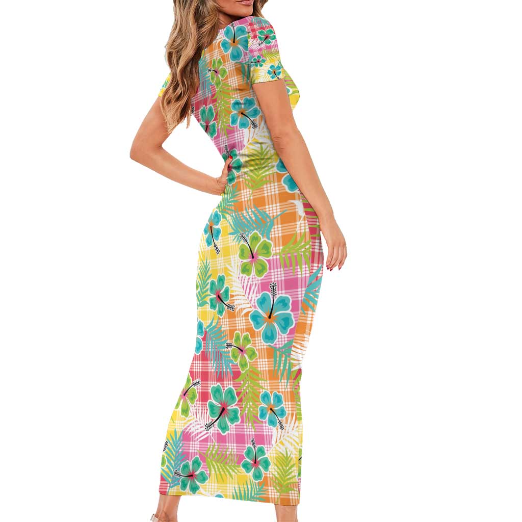 Hawaiian Palaka Short Sleeve Bodycon Dress Hibiscus Palm Leaf Pattern LT9 - Polynesian Pride