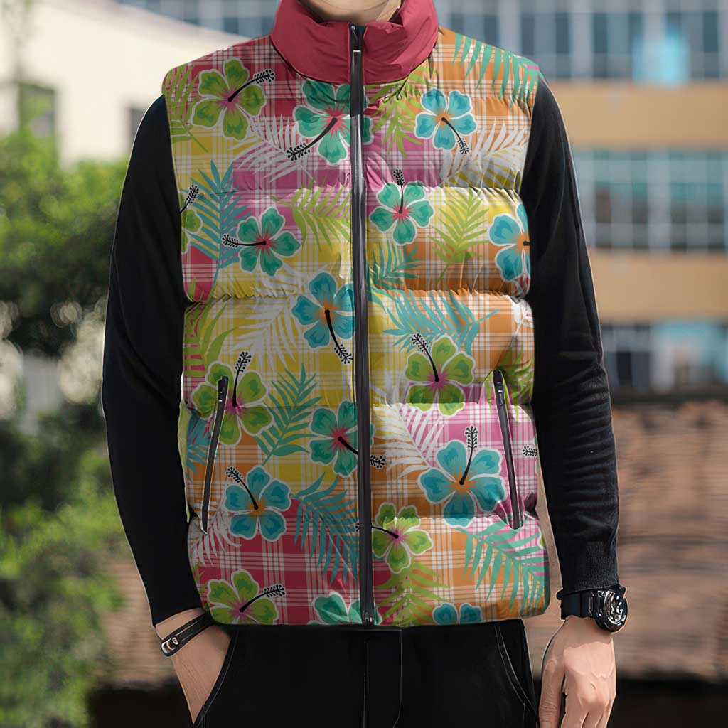 Hawaiian Palaka Sleeveless Puffer Jacket Hibiscus Palm Leaf Pattern LT9 - Polynesian Pride