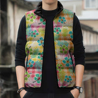 Hawaiian Palaka Sleeveless Puffer Jacket Hibiscus Palm Leaf Pattern LT9 - Polynesian Pride