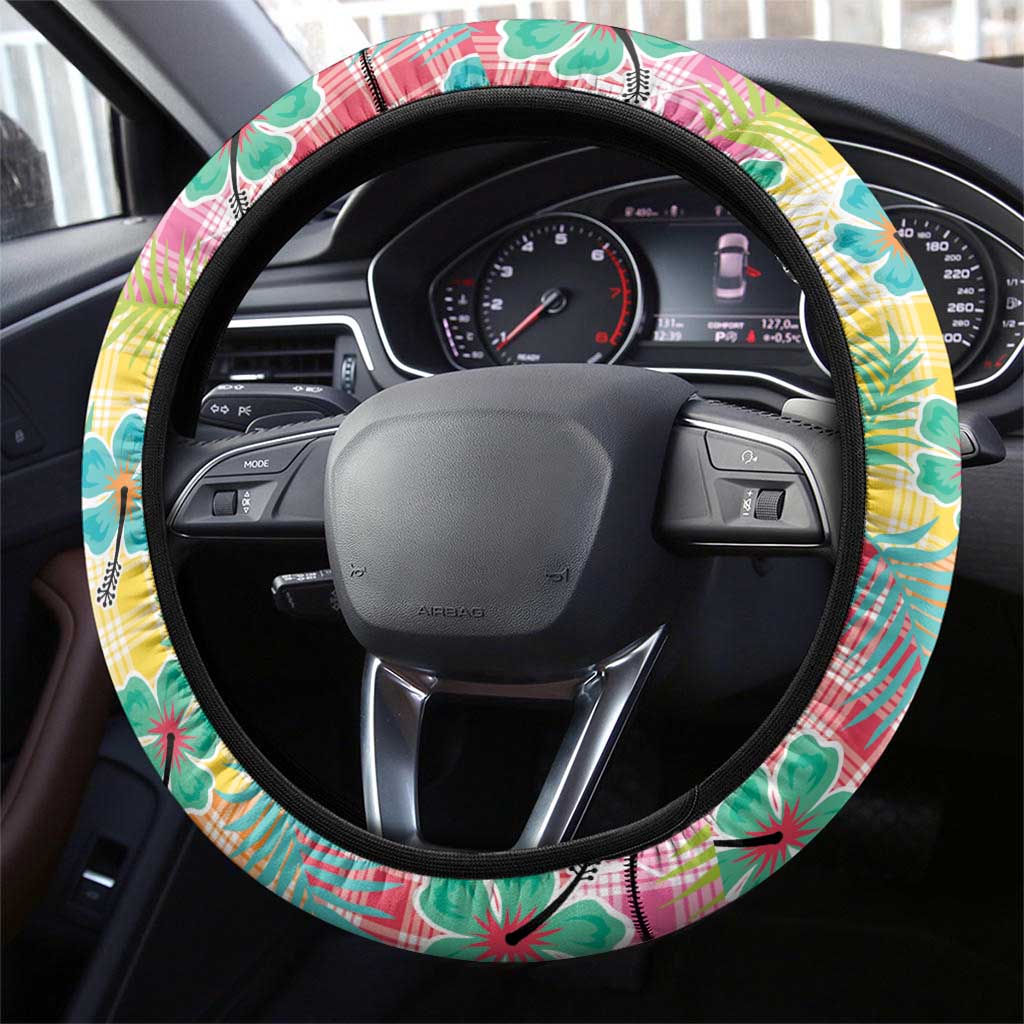 Hawaiian Palaka Steering Wheel Cover Hibiscus Palm Leaf Pattern LT9 - Polynesian Pride
