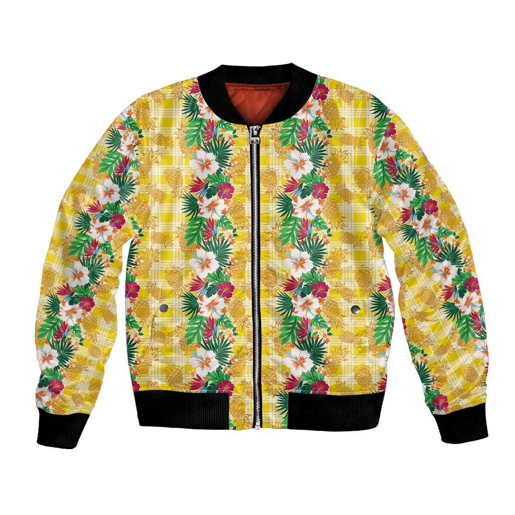 Hawaiian Palaka Bomber Jacket Hibiscus Pineapple Lei LT9 Unisex Yellow - Polynesian Pride