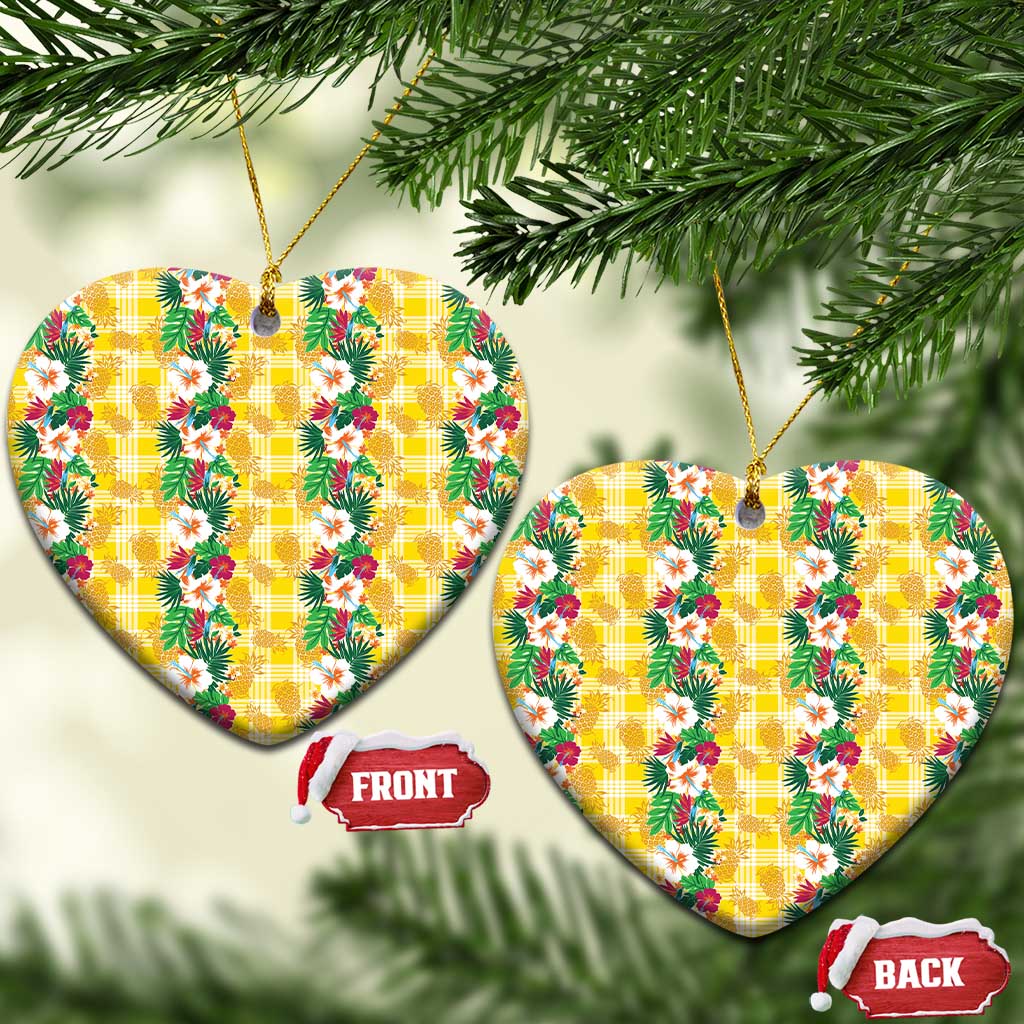 Hawaiian Palaka Ceramic Ornament Hibiscus Pineapple Lei LT9 Heart Yellow - Polynesian Pride