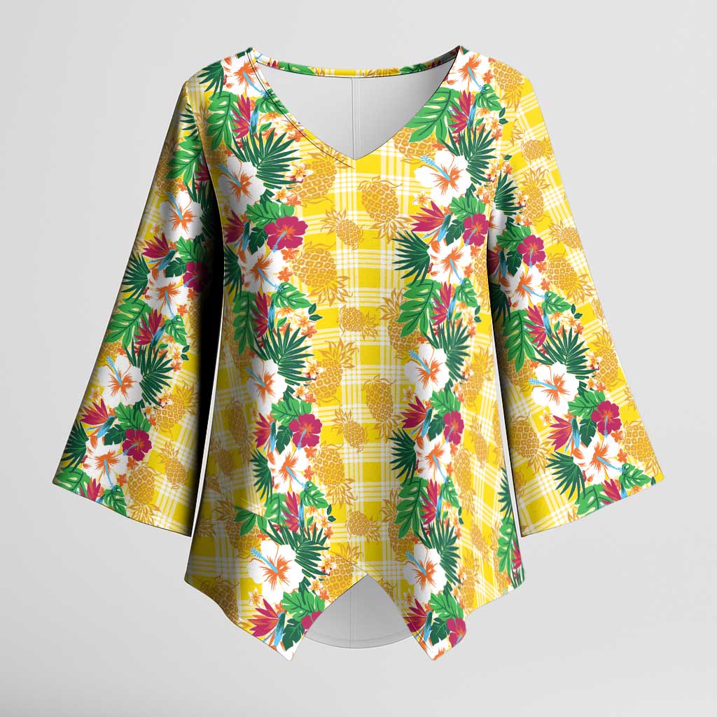 Hawaiian Palaka Kimono Sleeve Blouse Hibiscus Pineapple Lei LT9 Female Yellow - Polynesian Pride