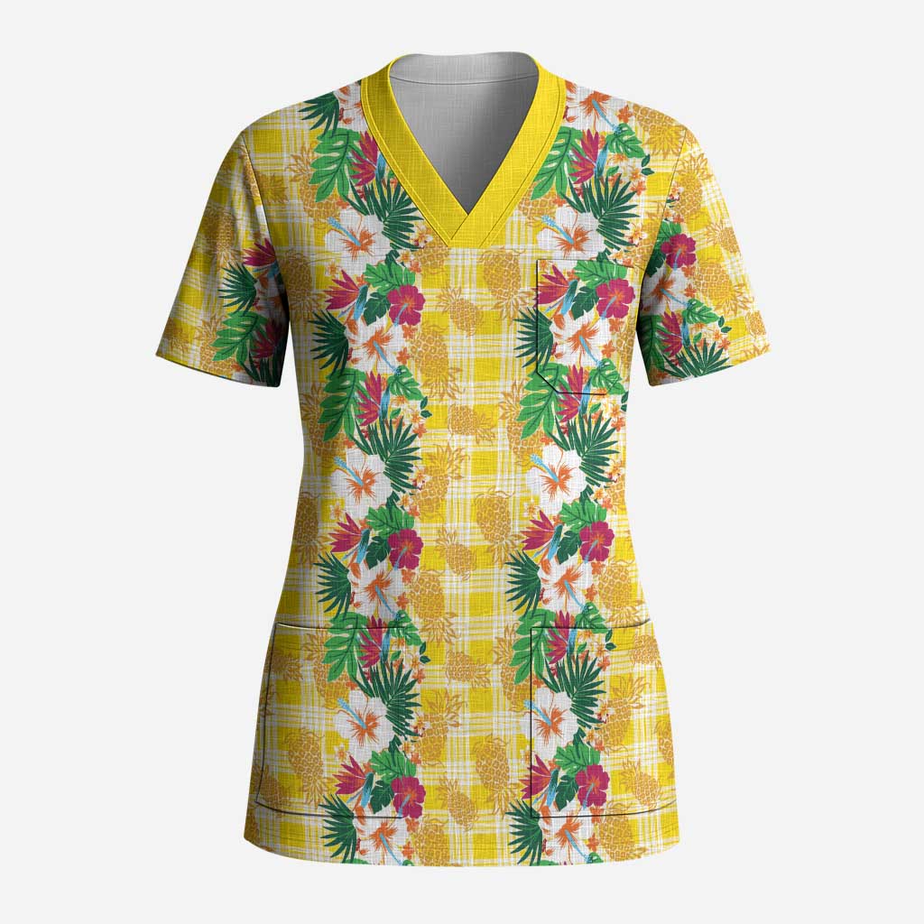 Hawaiian Palaka Scrub Top Hibiscus Pineapple Lei LT9 Adult Yellow - Polynesian Pride