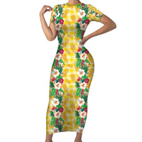 Hawaiian Palaka Short Sleeve Bodycon Dress Hibiscus Pineapple Lei LT9 Long Dress Yellow - Polynesian Pride