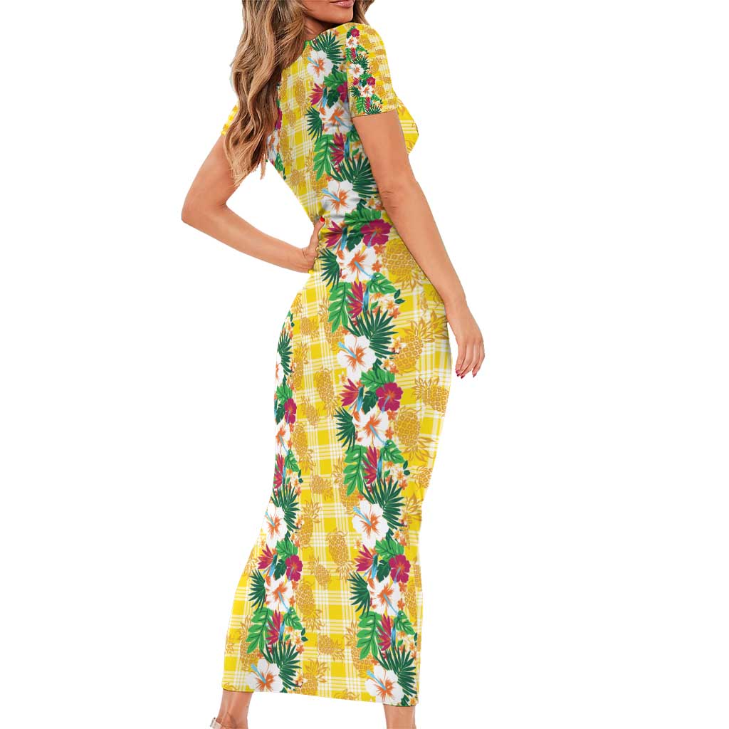 Hawaiian Palaka Short Sleeve Bodycon Dress Hibiscus Pineapple Lei LT9 - Polynesian Pride