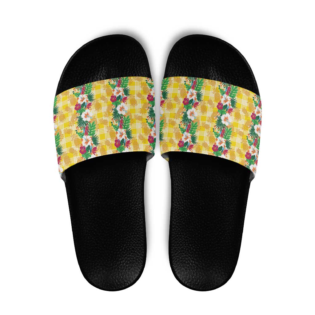 Hawaiian Palaka Slide Sandals Hibiscus Pineapple Lei LT9 Yellow - Polynesian Pride