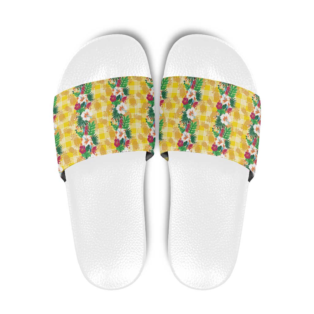 Hawaiian Palaka Slide Sandals Hibiscus Pineapple Lei LT9 Yellow - Polynesian Pride
