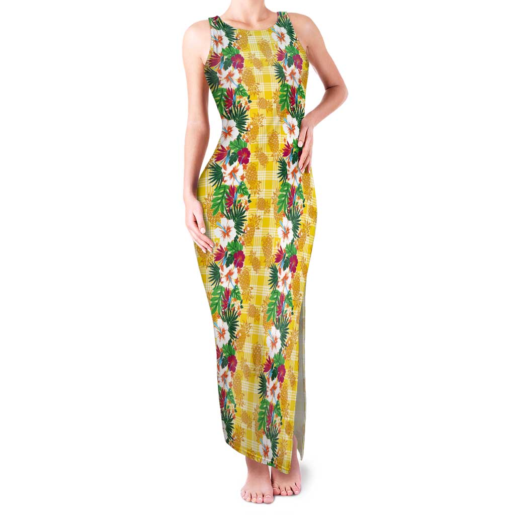 Hawaiian Palaka Tank Maxi Dress Hibiscus Pineapple Lei LT9 Women Yellow - Polynesian Pride