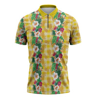 Hawaiian Palaka Zipper Polo Shirt Hibiscus Pineapple Lei LT9 Yellow - Polynesian Pride