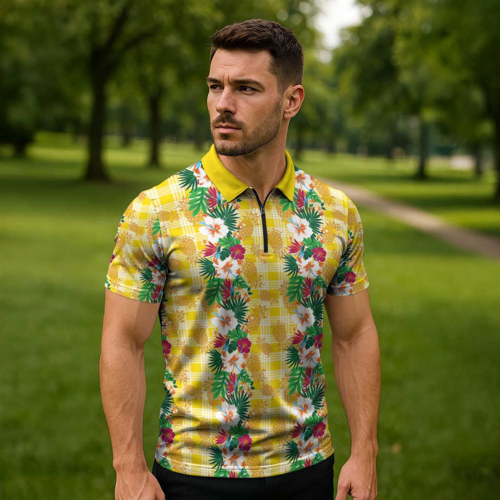 Hawaiian Palaka Zipper Polo Shirt Hibiscus Pineapple Lei LT9 - Polynesian Pride