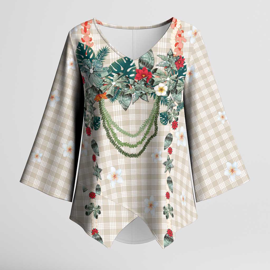 Brown Hawaiian Palaka Kimono Sleeve Blouse Kukui Nut Money Lei LT9 Female Brown - Polynesian Pride