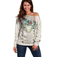 Brown Hawaiian Palaka Off Shoulder Sweater Kukui Nut Money Lei LT9 Women Brown - Polynesian Pride