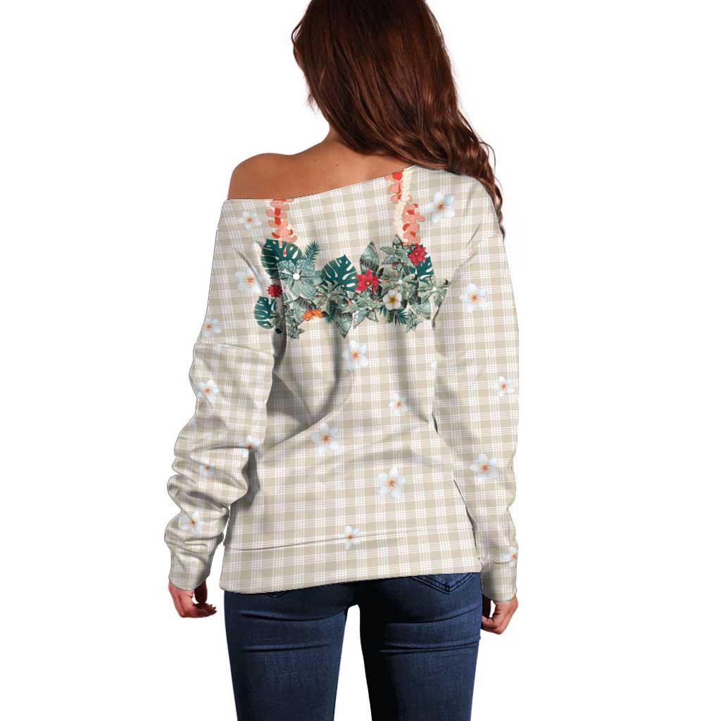 Brown Hawaiian Palaka Off Shoulder Sweater Kukui Nut Money Lei LT9 - Polynesian Pride