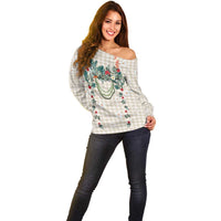 Brown Hawaiian Palaka Off Shoulder Sweater Kukui Nut Money Lei LT9 - Polynesian Pride