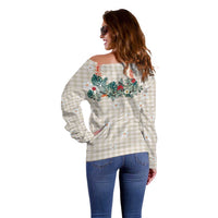 Brown Hawaiian Palaka Off Shoulder Sweater Kukui Nut Money Lei LT9 - Polynesian Pride