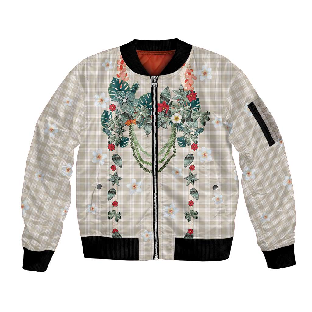 Brown Hawaiian Palaka Sleeve Zip Bomber Jacket Kukui Nut Money Lei LT9 Unisex Brown - Polynesian Pride