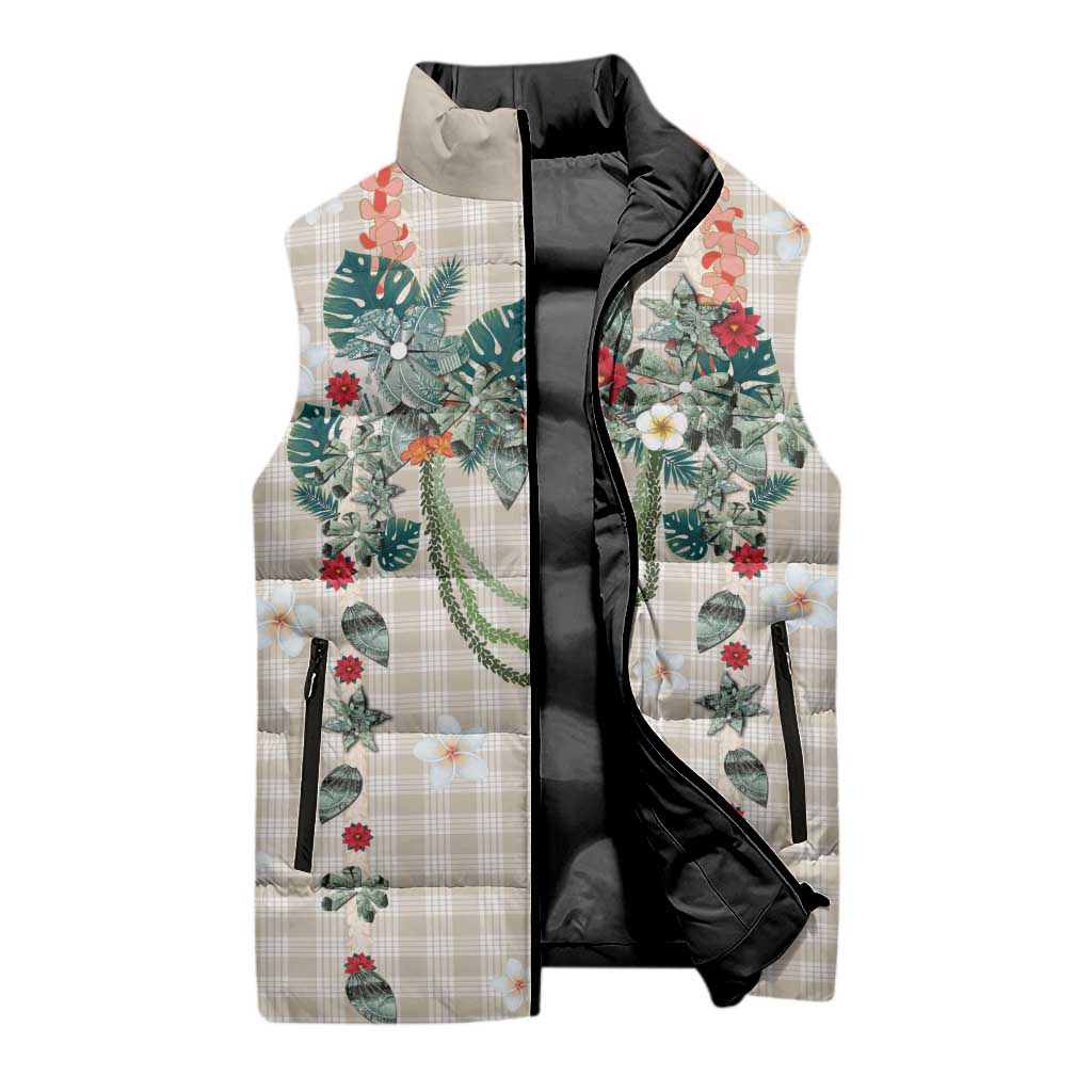 Brown Hawaiian Palaka Sleeveless Puffer Jacket Kukui Nut Money Lei LT9 - Polynesian Pride