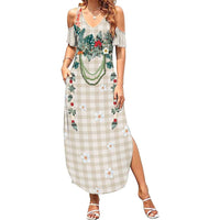 Brown Hawaiian Palaka Summer Maxi Dress Kukui Nut Money Lei LT9 Women Brown - Polynesian Pride