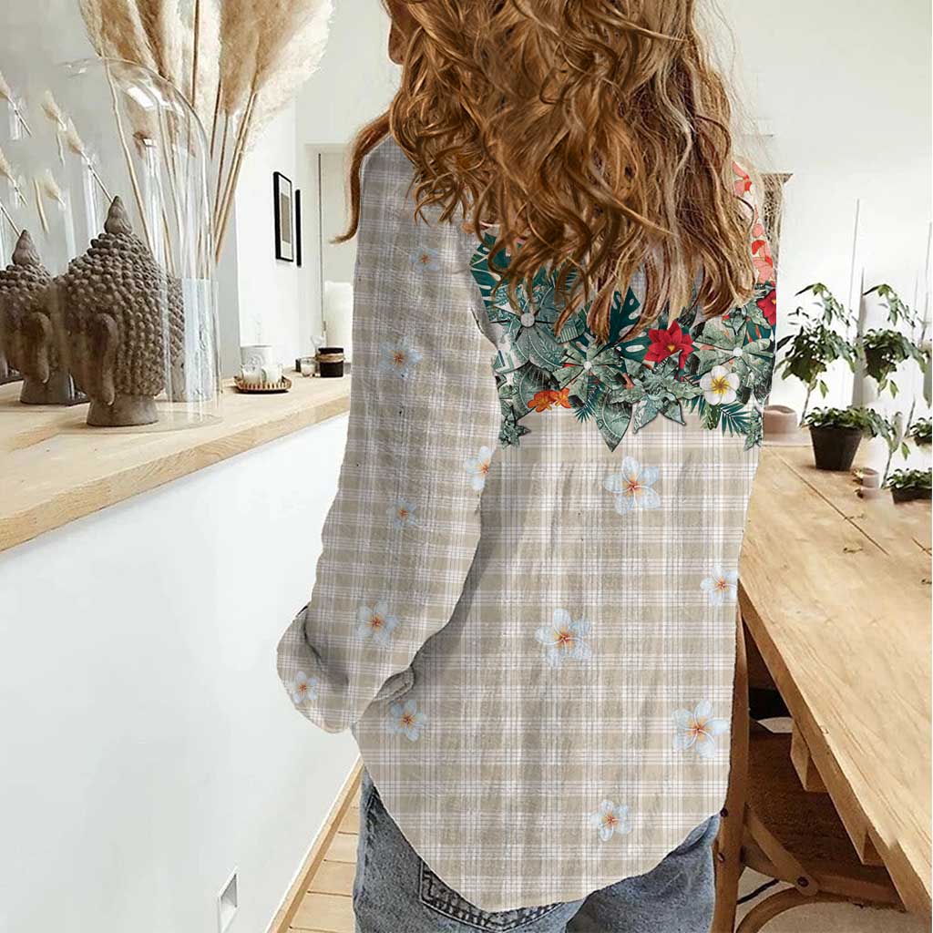 Brown Hawaiian Palaka Women Casual Shirt Kukui Nut Money Lei LT9 - Polynesian Pride