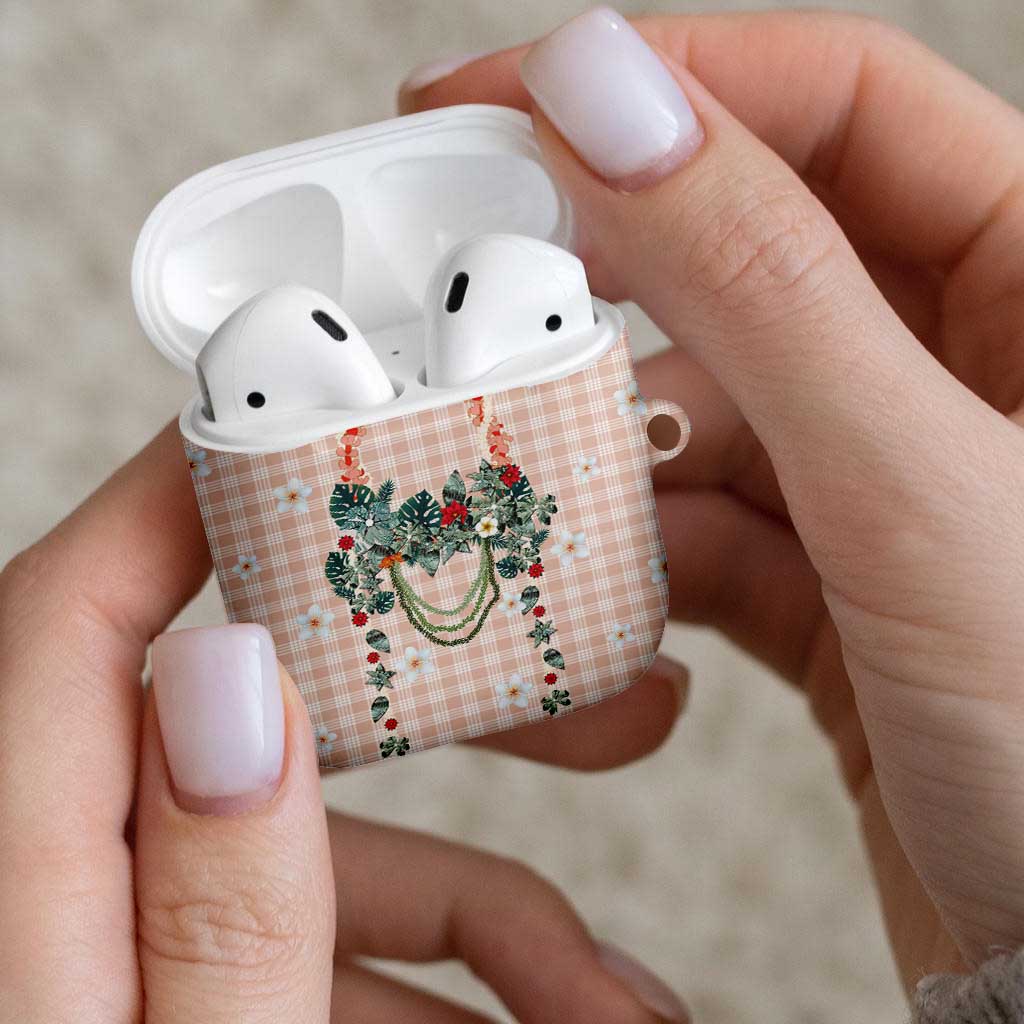 Peach Hawaiian Palaka AirPods Case Kukui Nut Money Lei LT9 - Polynesian Pride