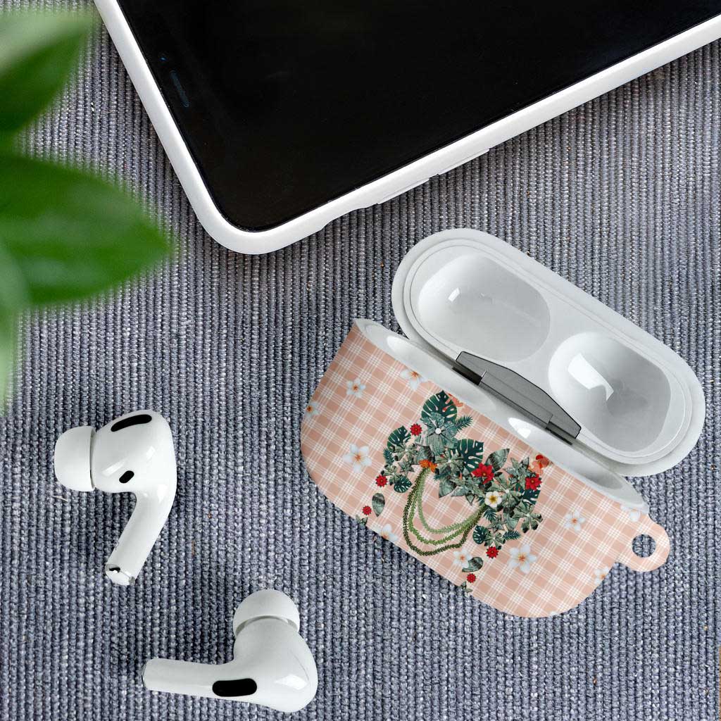Peach Hawaiian Palaka AirPods Case Kukui Nut Money Lei LT9 - Polynesian Pride