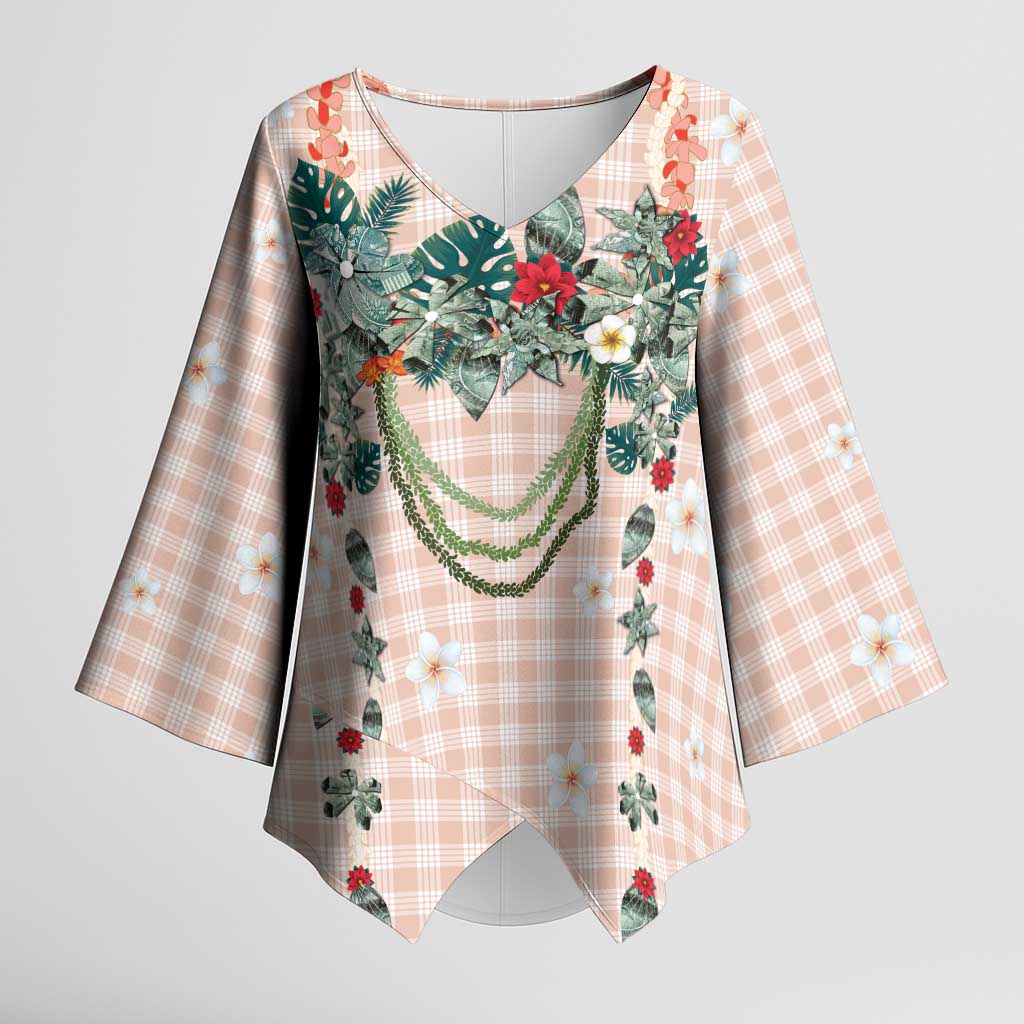 Peach Hawaiian Palaka Kimono Sleeve Blouse Kukui Nut Money Lei LT9 Female Peach - Polynesian Pride