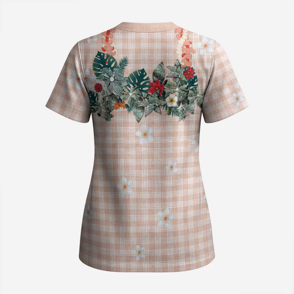 Peach Hawaiian Palaka Scrub Top Kukui Nut Money Lei LT9 - Polynesian Pride