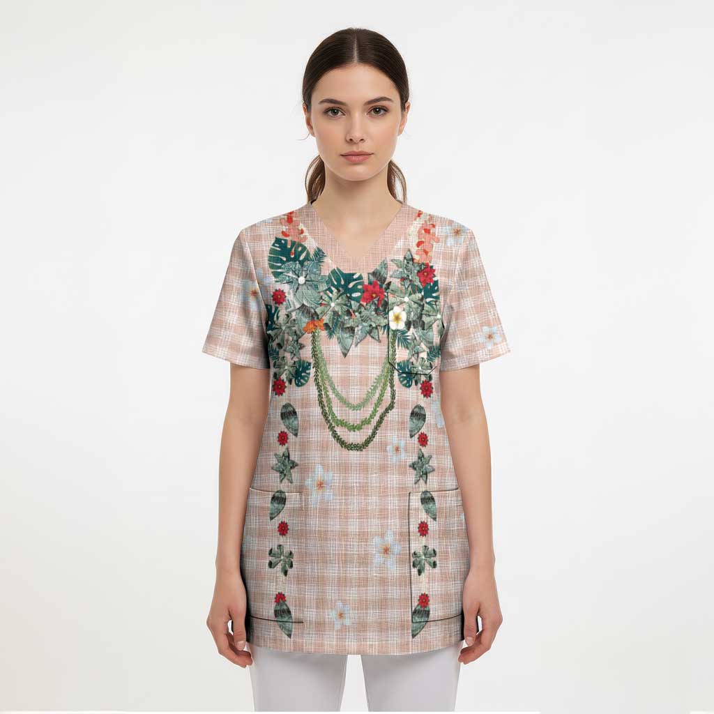 Peach Hawaiian Palaka Scrub Top Kukui Nut Money Lei LT9 - Polynesian Pride