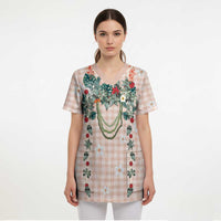 Peach Hawaiian Palaka Scrub Top Kukui Nut Money Lei LT9 - Polynesian Pride