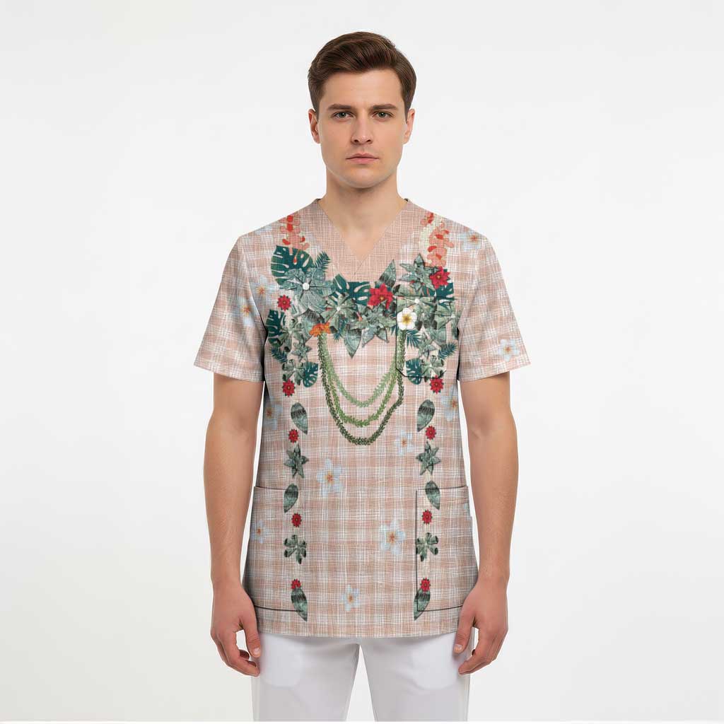 Peach Hawaiian Palaka Scrub Top Kukui Nut Money Lei LT9 - Polynesian Pride
